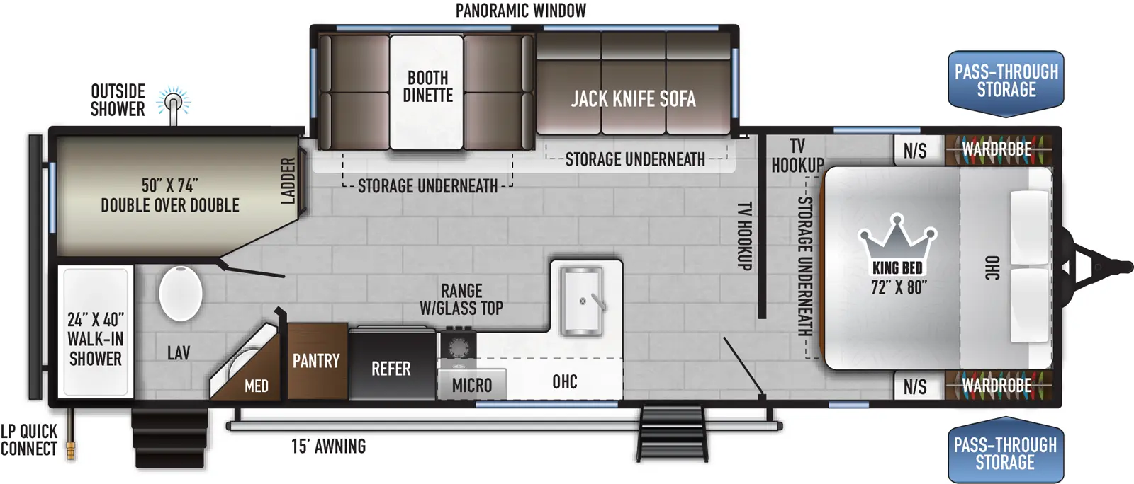 The 255BHLE has one slideout and two entries. Exterior features front pass-thru storage, a 15 foot awning, outside shower, and LP quick connect. Interior layout front to back: foot-facing king bed with storage underneath, overhead cabinet, wardrobes with nightstands on each side, and TV hookup; TV hookup along inner wall; off-door side slideout with jackknife sofa with storage underneath, panoramic window, and booth dinette with storage underneath; door side entry, peninsula kitchen counter with sink wraps to door side with overhead cabinet, microwave, range with glass top, refrigerator, and pantry; rear off-door side double of double; rear door side full bathroom with medicine cabinet, walk-in shower, and second entry.